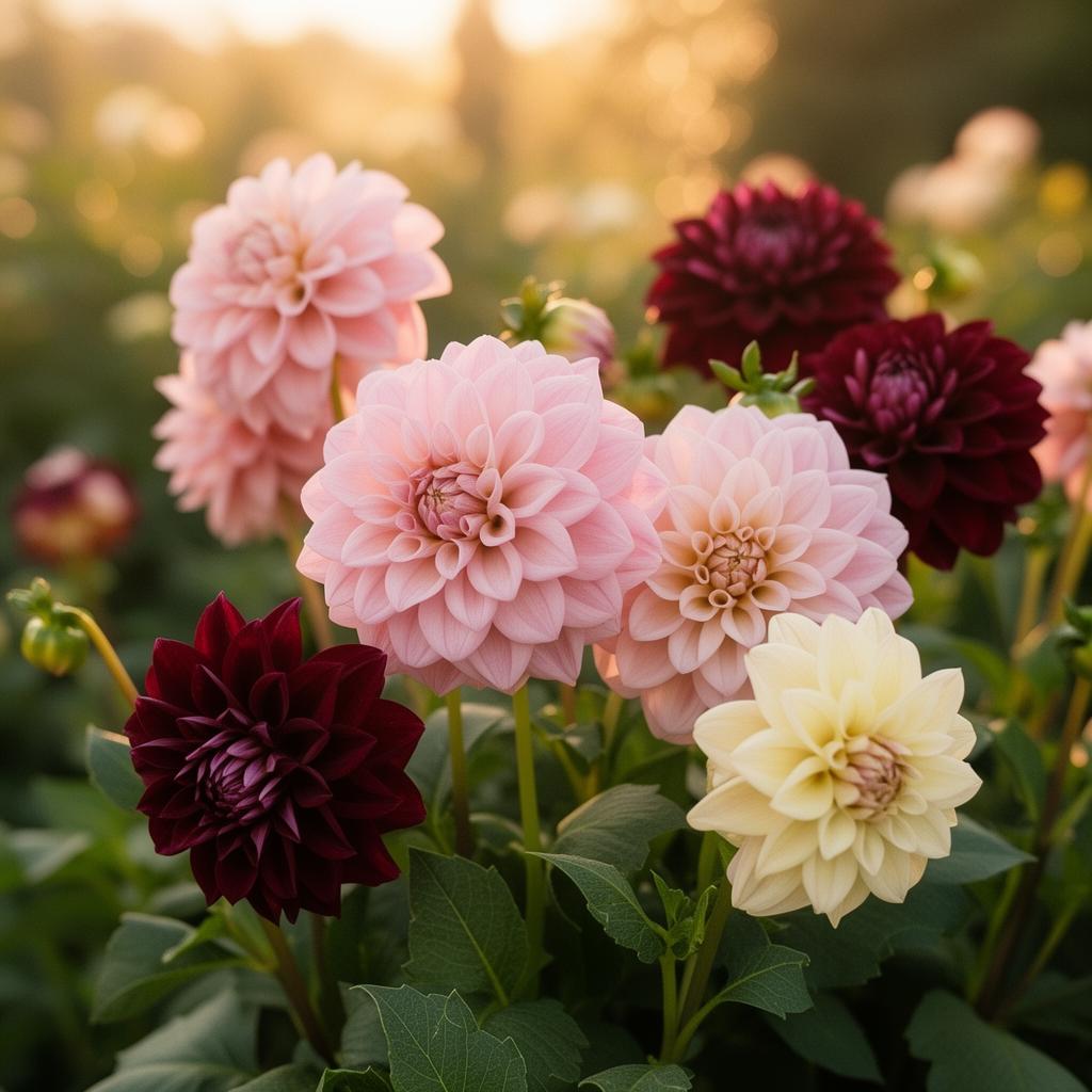 Dahlias in pink, burgundy and cream